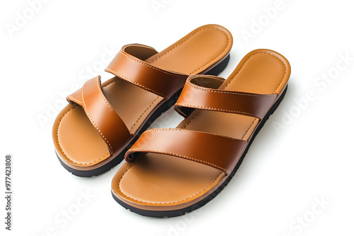 A pair of stylish comfort brown female sandals against a clean white background