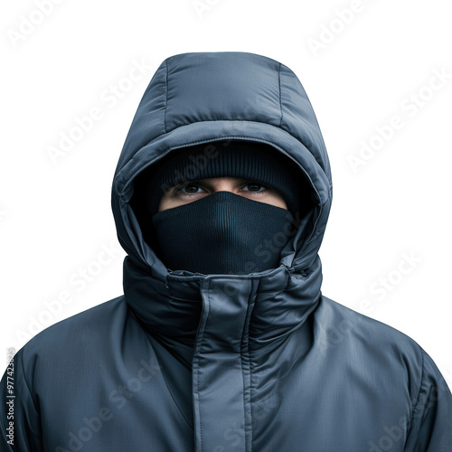 A person in a winter coat and mask, emphasizing warmth and anonymity against a dark background. transparent background