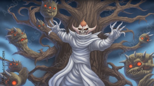 A skeletal creature in a white robe with glowing red eyes stands in front of a tree with demonic faces. photo