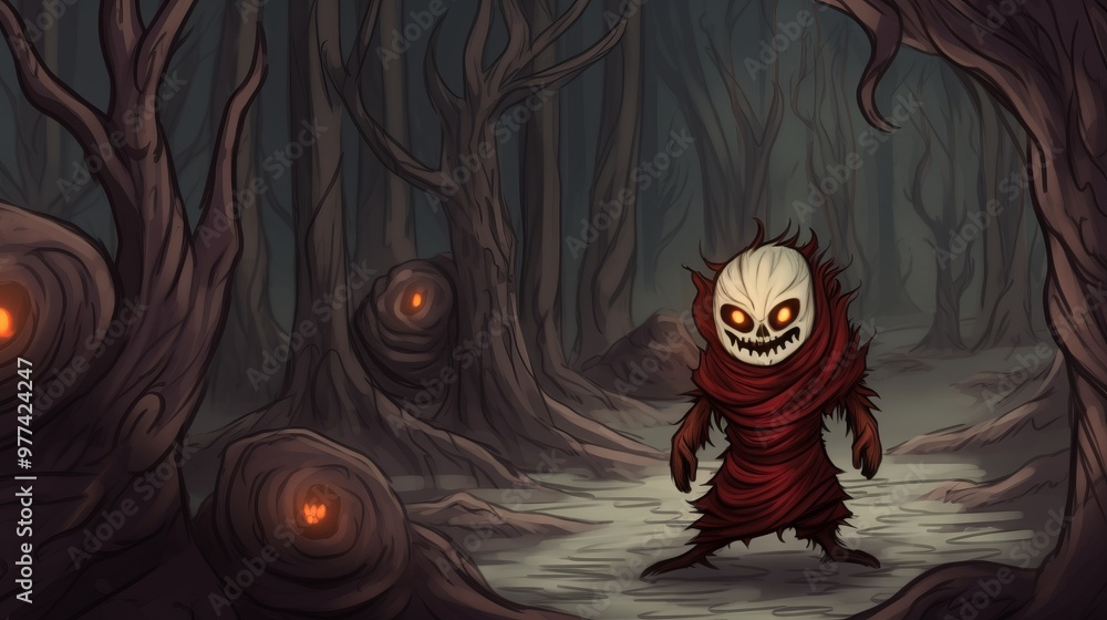 A small, skeletal figure with glowing eyes stands in a dark, foreboding forest, with ominous tree-like figures behind it. A small, skeletal figure with glowing eyes stands in a dark, foreboding forest, with ominous tree-like figures behind it.