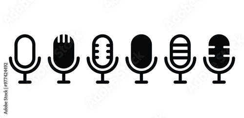 set of  microphone podcast icon symbol vector design simple black white color flat illustration isolated
