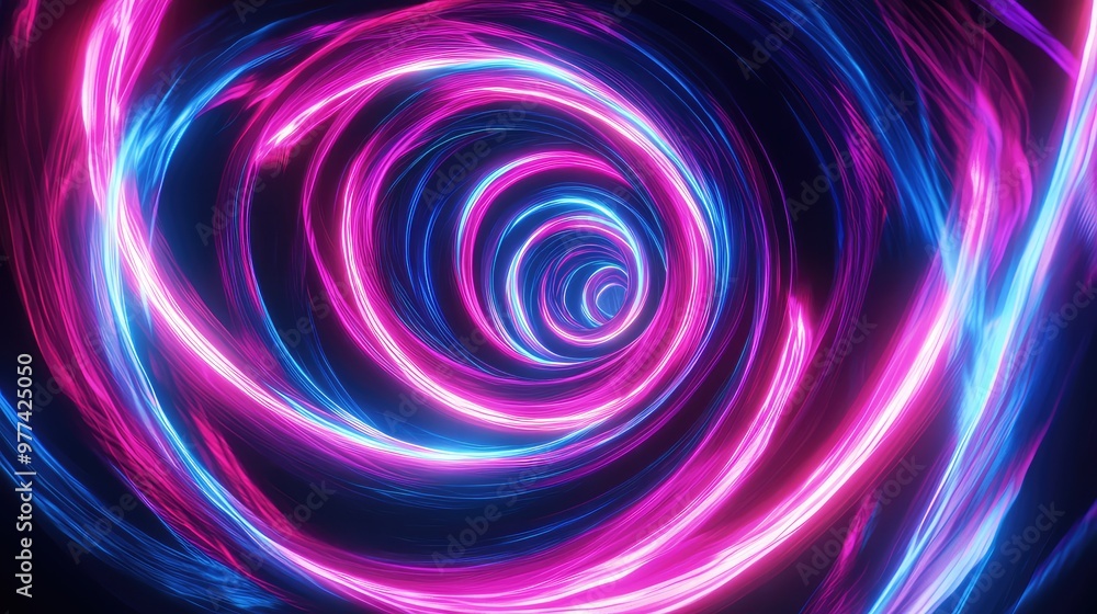 Glowing neon spirals twisting into a black, abstract void, creating depth. Glowing neon spirals twisting into a black, abstract void, creating depth.