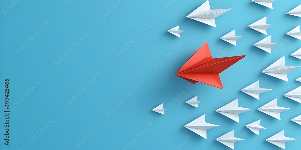 A striking image of paper airplanes in flight, featuring a bold red plane leading a formation against a bright blue background. A striking image of paper airplanes in flight, featuring a bold red plane leading a formation against a bright blue background.