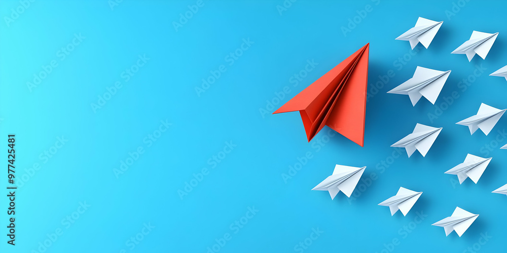 A striking image of a red paper airplane leading a group of white paper airplanes against a bright blue background. A striking image of a red paper airplane leading a group of white paper airplanes against a bright blue background.