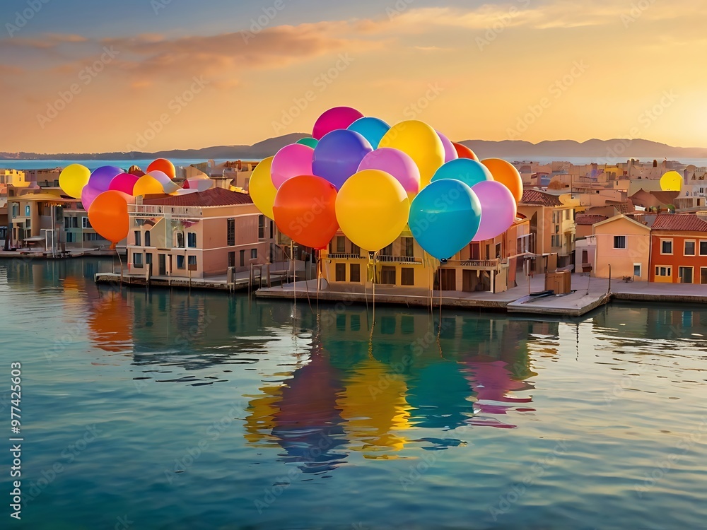 Fototapeta premium City Made of Colorful Balloons Floating Above Calm Ocean
