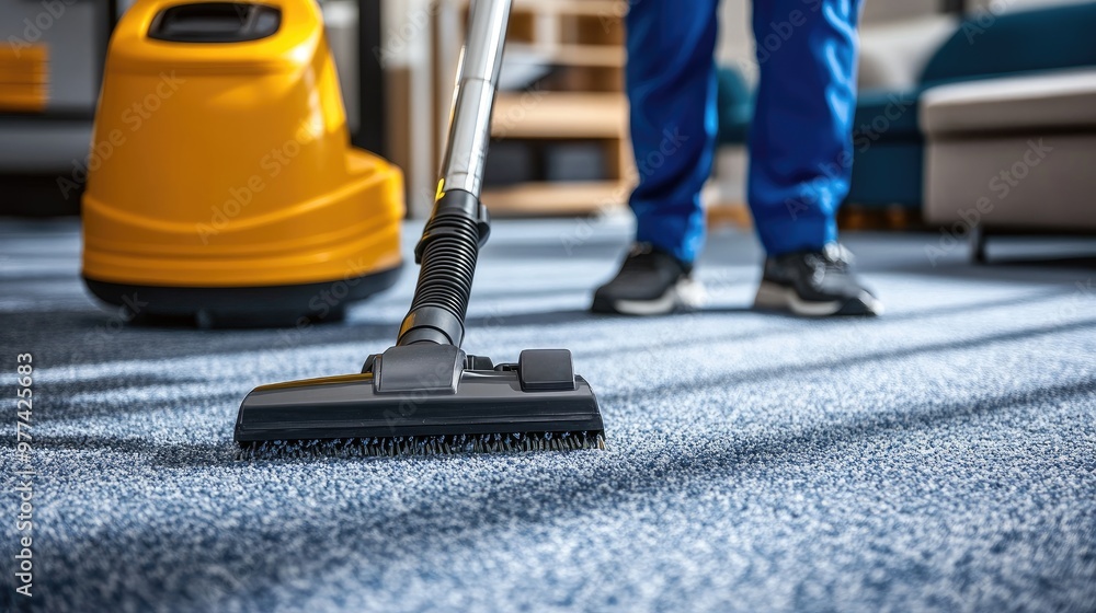 Professional janitor using a vacuum cleaner to clean a carpet, showcasing the importance of cleanliness and care in a clean workspace. Professional janitor using a vacuum cleaner to clean a carpet, showcasing the importance of cleanliness and care in a clean workspace.