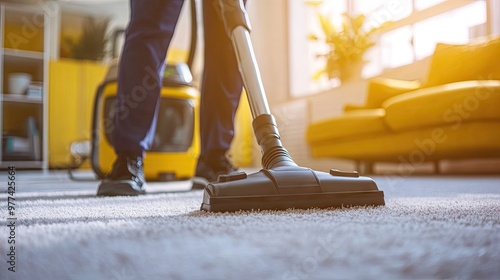 Professional janitor using a vacuum cleaner to clean a carpet, showcasing the importance of cleanliness and care in a clean workspace.