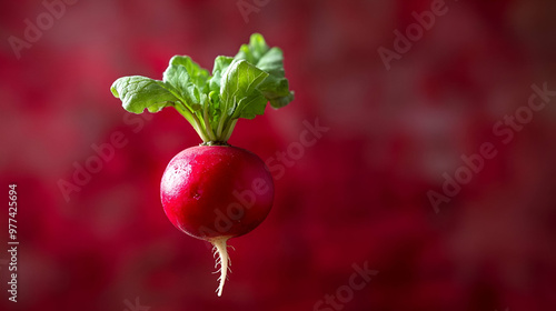 Fresh red radish suspended against a vibrant background, showcasing its vibrant color and crisp leaves, perfect for food photography.