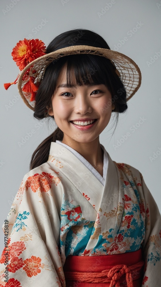 Young asian girl with long dark hair wearing traditional japanese kimono with floral patterns, smiling at camera Young asian girl with long dark hair wearing traditional japanese kimono with floral patterns, smiling at camera
