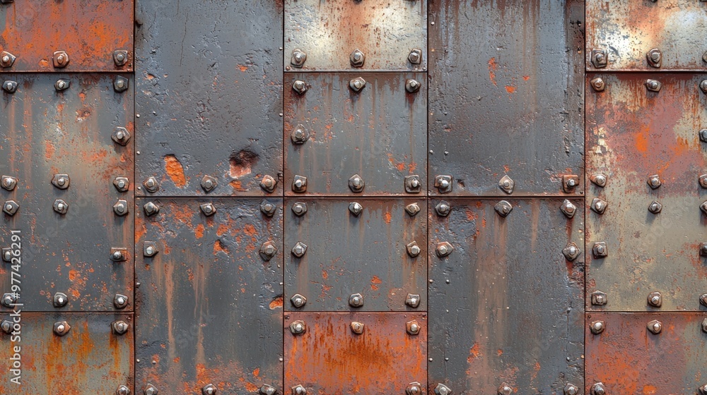 Rusty metal wall with rivets and patches showing weathered textures from age and exposure Rusty metal wall with rivets and patches showing weathered textures from age and exposure