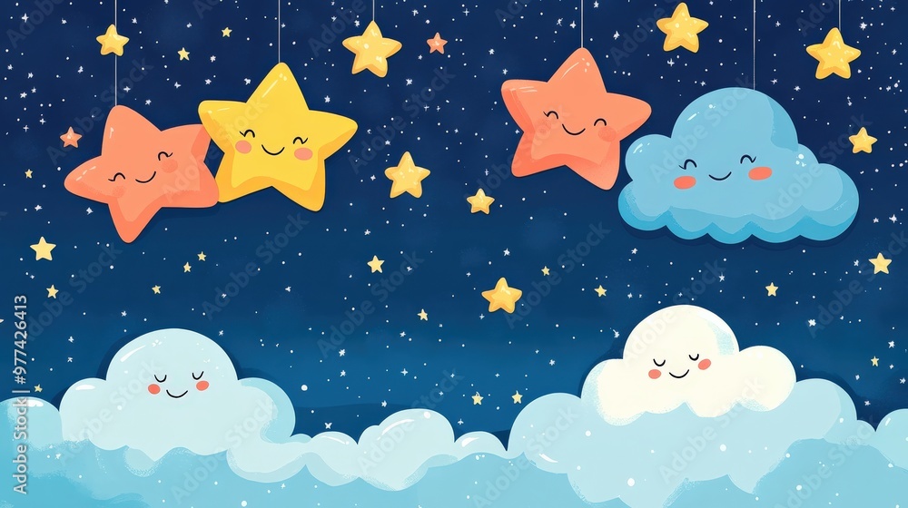 Naklejka premium Cute cartoon stars and clouds with smiling faces