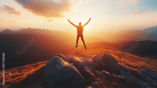 A person jumping for joy on top of the mountain at sunset.