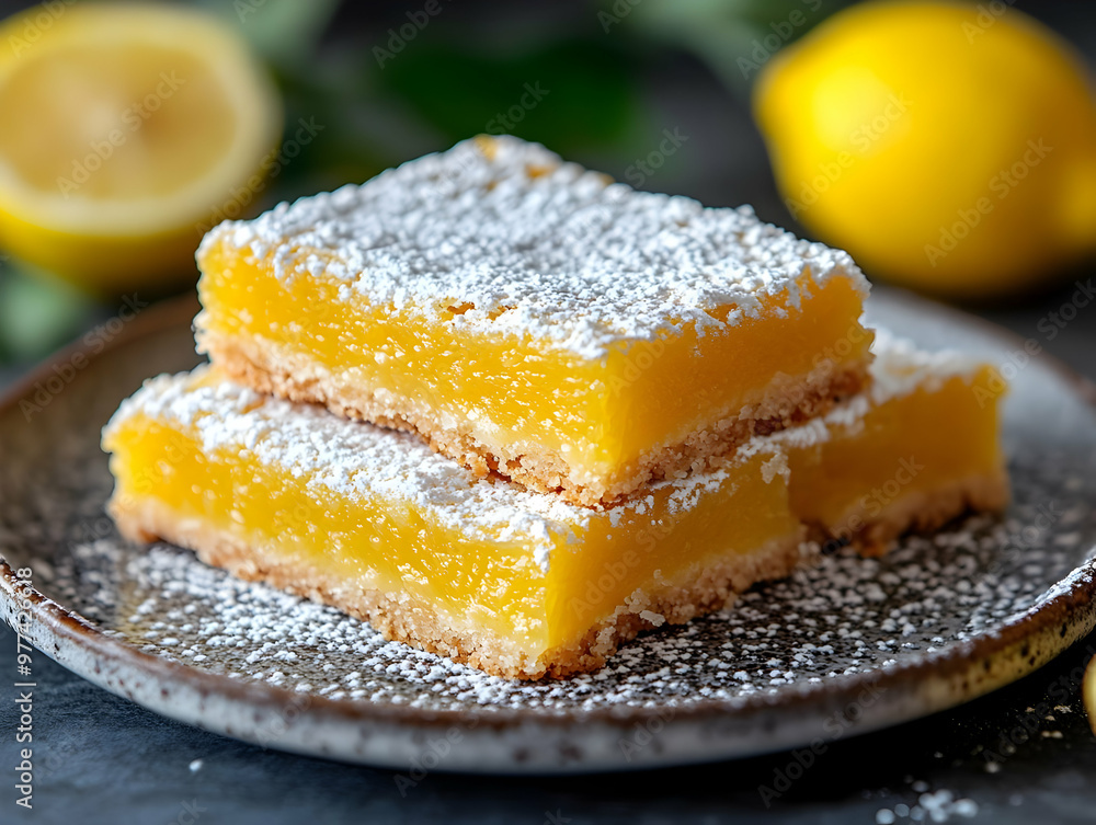 Delicious lemon bar dessert dusted with powdered sugar, served on a rustic plate with fresh lemons in the background. Delicious lemon bar dessert dusted with powdered sugar, served on a rustic plate with fresh lemons in the background.
