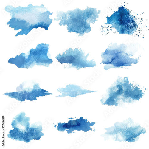 A collection of vibrant blue watercolor clouds, perfect for backgrounds or artistic projects.