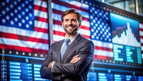 A smiling individual stands confidently, arms crossed, amidst a blurred background of American flags and faded financial news tickers, conveying independence and free-market values. photo