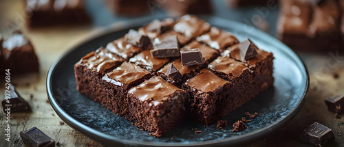 Delicious homemade chocolate brownie squares topped with dark chocolate pieces, perfect for dessert lovers and baking enthusiasts.