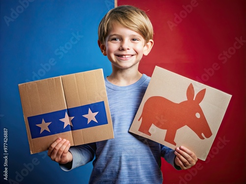 A smiling young boy holds a split cardboard sign with blue and red halves, symbolizing unity between opposing political parties in a playful manner. photo