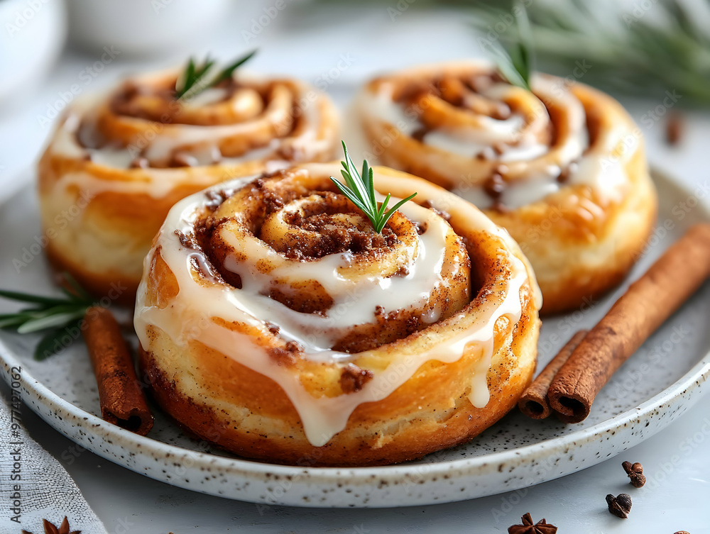 Delicious cinnamon rolls topped with creamy icing and garnished with fresh leaves, perfect for a sweet treat or dessert. Delicious cinnamon rolls topped with creamy icing and garnished with fresh leaves, perfect for a sweet treat or dessert.
