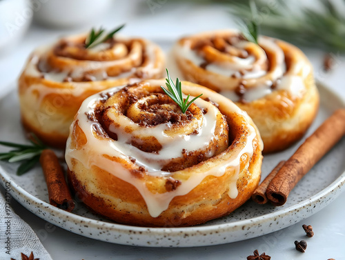 Delicious cinnamon rolls topped with creamy icing and garnished with fresh leaves, perfect for a sweet treat or dessert.