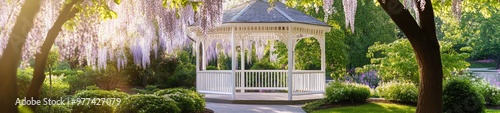 Pristine White Gazebo Framed by Blooming Wisteria Vines