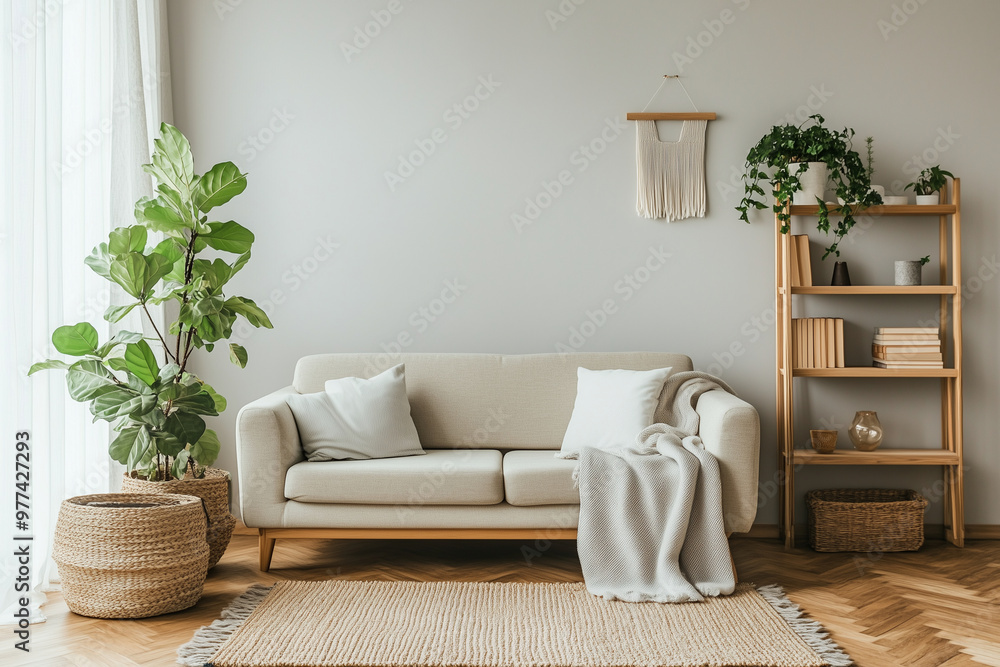 a serene living room corner in a small, minimal apartment, featuring a sofa, TV counter, and bookshelf, all while embracing Wabi-Sabi Japandi design principles a serene living room corner in a small, minimal apartment, featuring a sofa, TV counter, and bookshelf, all while embracing Wabi-Sabi Japandi design principles