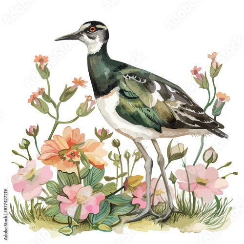 Elegant Lapwing Floral Watercolor Illustration