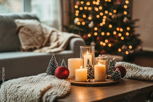 Wallpaper Mural Festive winter cozy home interior with Christmas decoration, candles and pine cones on the coffee table  Torontodigital.ca