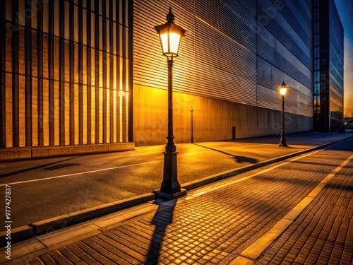 A solitary lamppost stands along a deserted city street at dusk, its warm glow casting a long shadow amidst a grid of diagonal parking lines. photo