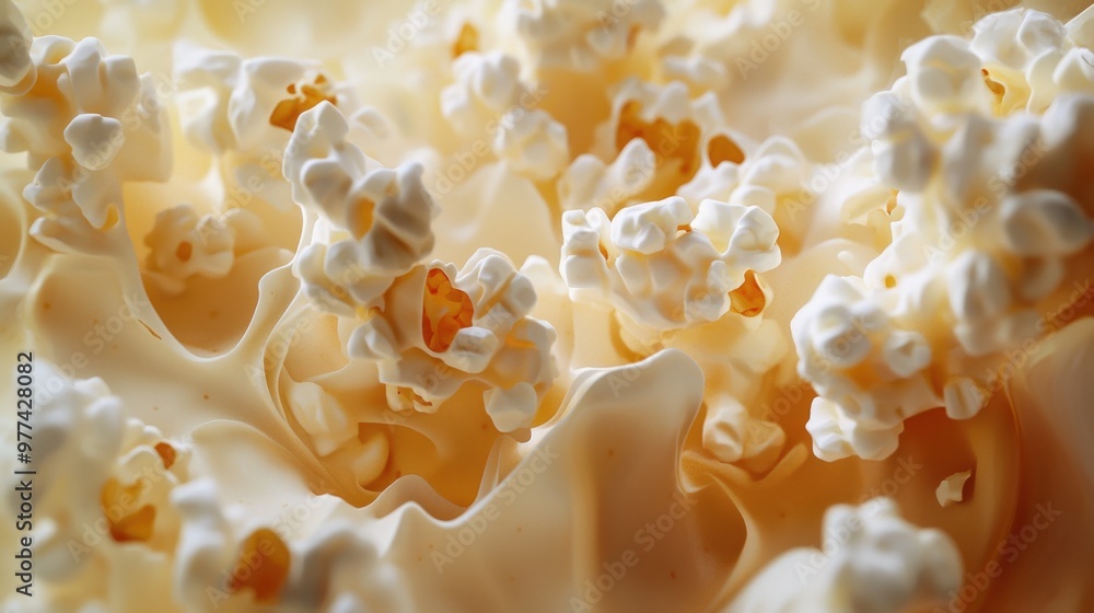 Delicious buttery popcorn spilling over fluffy kernels in a cozy cinematic setting Delicious buttery popcorn spilling over fluffy kernels in a cozy cinematic setting