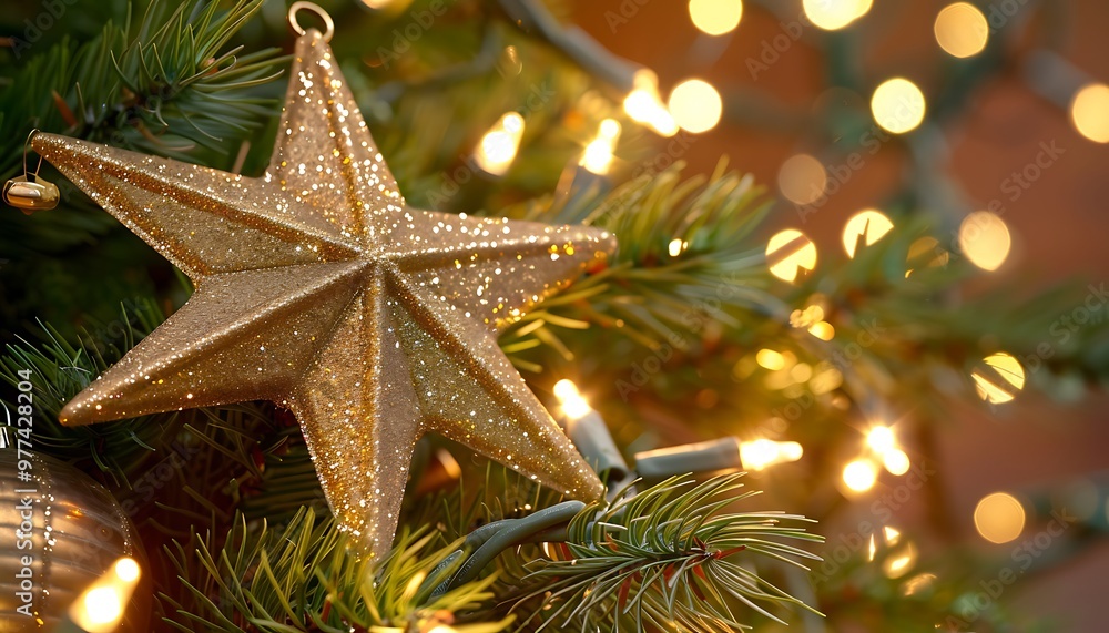 sparkling Christmas star tree topper set against a backdrop of twinkling lights and green pine sparkling Christmas star tree topper set against a backdrop of twinkling lights and green pine