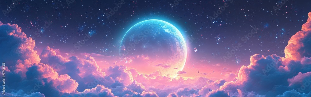 Celestial crystal moon glowing in the night sky Celestial crystal moon glowing in the night sky