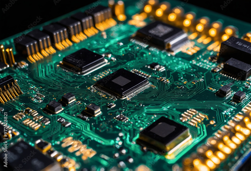 close-up circuit board with intricate details and glowing paths close-up circuit board with intricate details and glowing paths