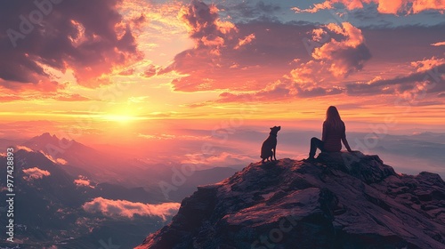 the joy of nature exploration as a woman and her loyal companion stand at the mountain summit, taking in the expansive views
serene moment on a mountain summit whe photo