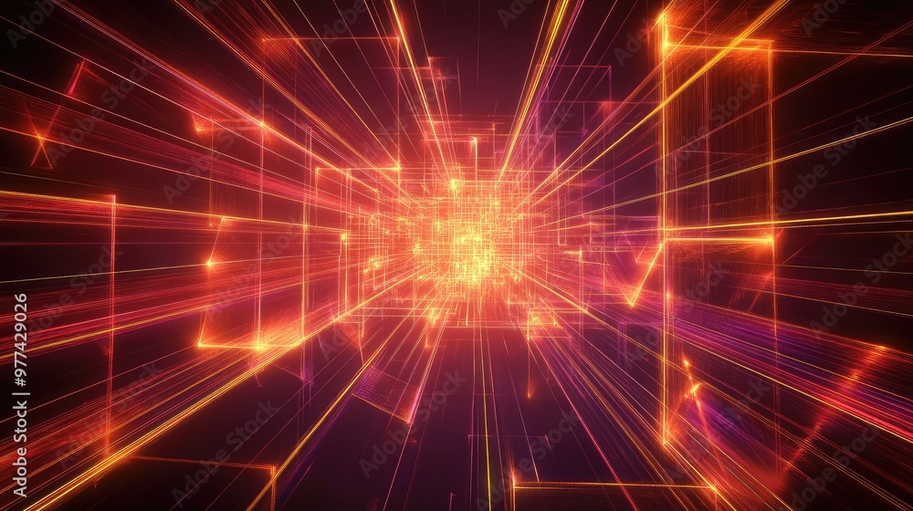 Intersecting beams of light creating an intricate, glowing grid in a digital void. Intersecting beams of light creating an intricate, glowing grid in a digital void.