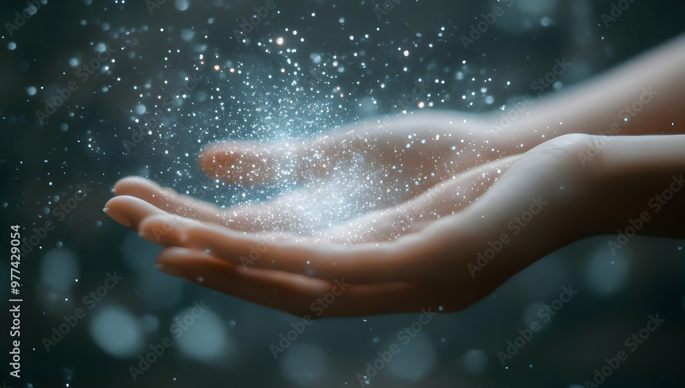 A pair of hands gently holds a sparkling shimmer, capturing the essence of light and magic in a tranquil moment.