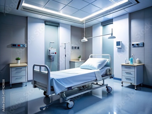 A sterile, unoccupied hospital bed with crisp white sheets and a solitary pillow, surrounded by medical equipment and machines in a quiet, dimly lit room.