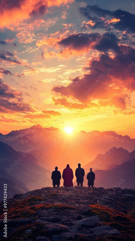 Worshippers in prayer at dawn, light breaking through the clouds, symbolizing a new day of grace Worshippers in prayer at dawn, light breaking through the clouds, symbolizing a new day of grace
