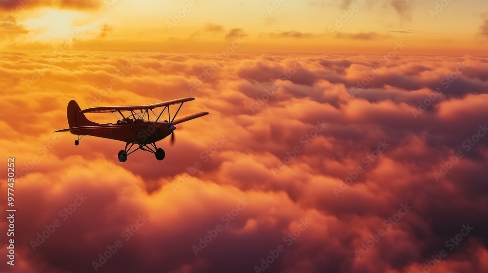 A crop duster plane flies through the clouds in the rays of the setting sun A crop duster plane flies through the clouds in the rays of the setting sun