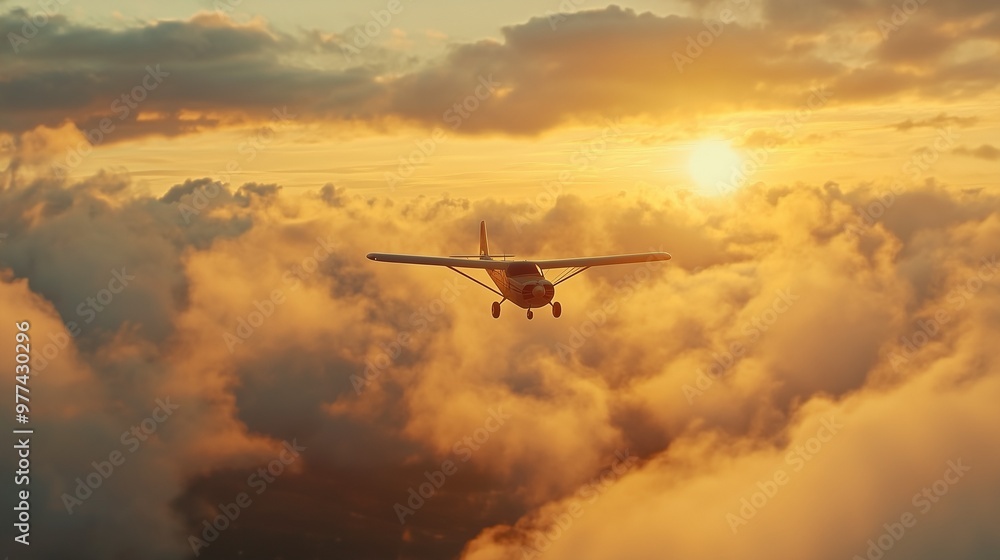Fototapeta premium A crop duster plane flies through the clouds in the rays of the setting sun