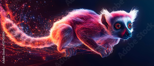 A vibrant and colorful animation of a fictional creature, showcasing stunning fur and expressive features in a dynamic pose. photo