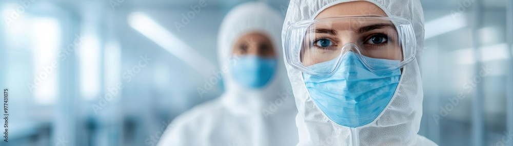 Healthcare workers in protective gear and masks, focusing on safety and hygiene in a clinical environment. Healthcare workers in protective gear and masks, focusing on safety and hygiene in a clinical environment.