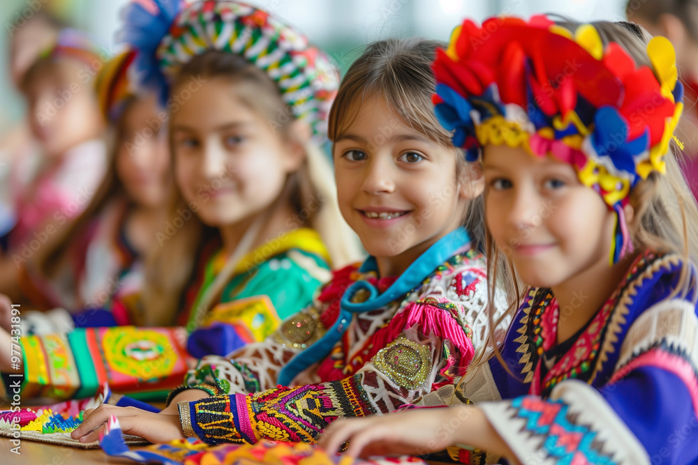 Fototapeta premium World Children’s Day: Multi-ethnic kids in traditional attire, engaging in collaborative games, learning, and creative activities.