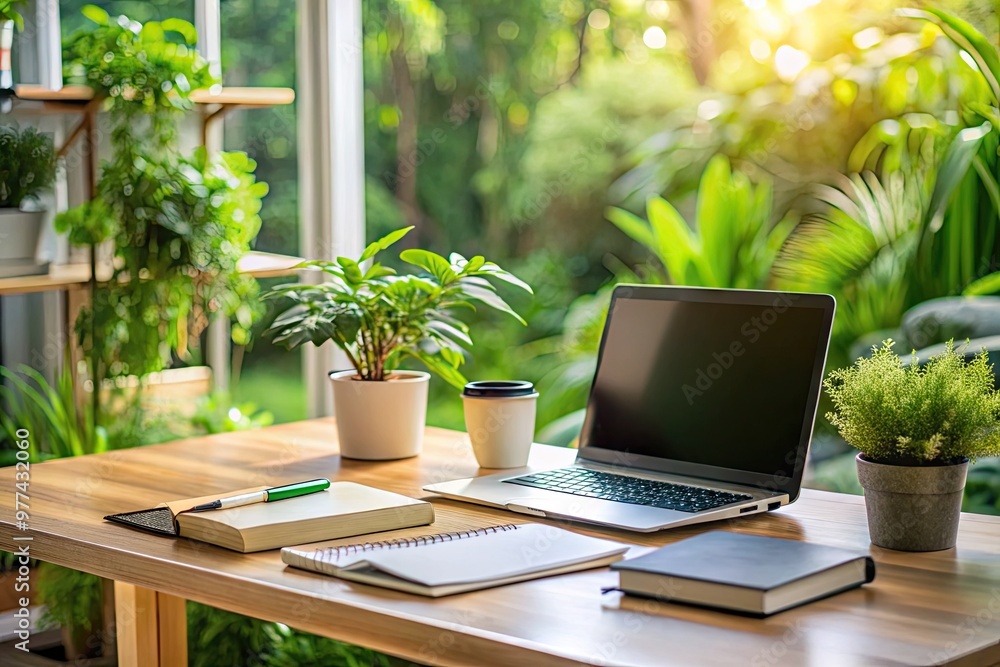 A tidy, organized desk with a computer, notebook, and pen, surrounded by plants, with a blurred background, conveying a sense of productive technical assistance. A tidy, organized desk with a computer, notebook, and pen, surrounded by plants, with a blurred background, conveying a sense of productive technical assistance.