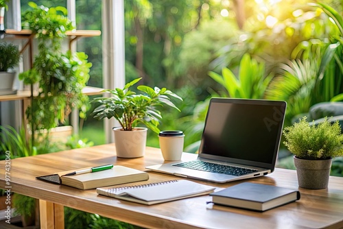 A tidy, organized desk with a computer, notebook, and pen, surrounded by plants, with a blurred background, conveying a sense of productive technical assistance.