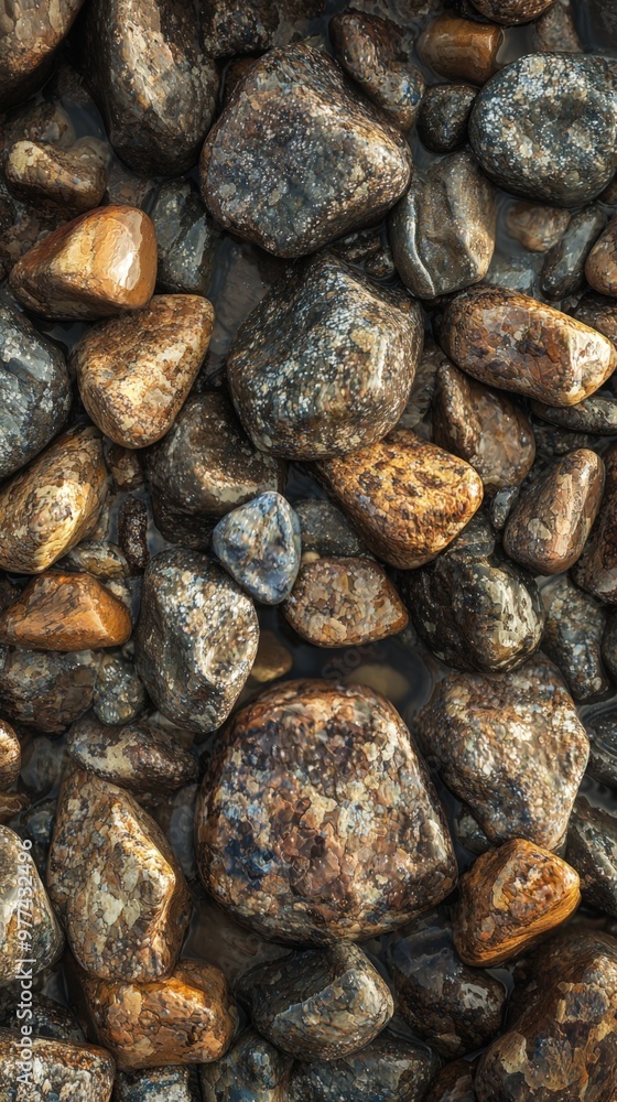 Textures of nature captured in a close-up of smooth stones along a riverbank at dawn Textures of nature captured in a close-up of smooth stones along a riverbank at dawn