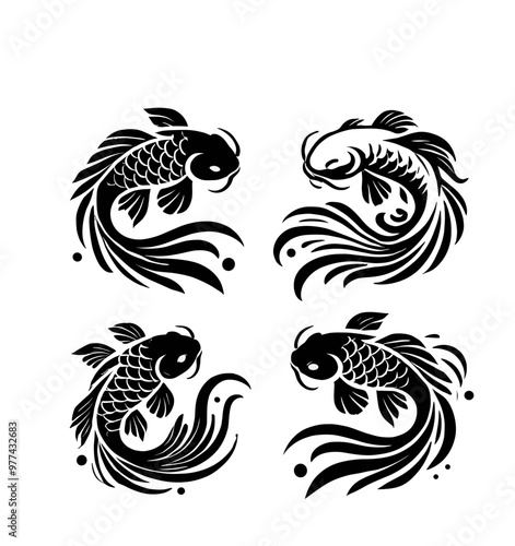 koi fish yin and yang silhouettes illustration graphic design black and white vector clip art
