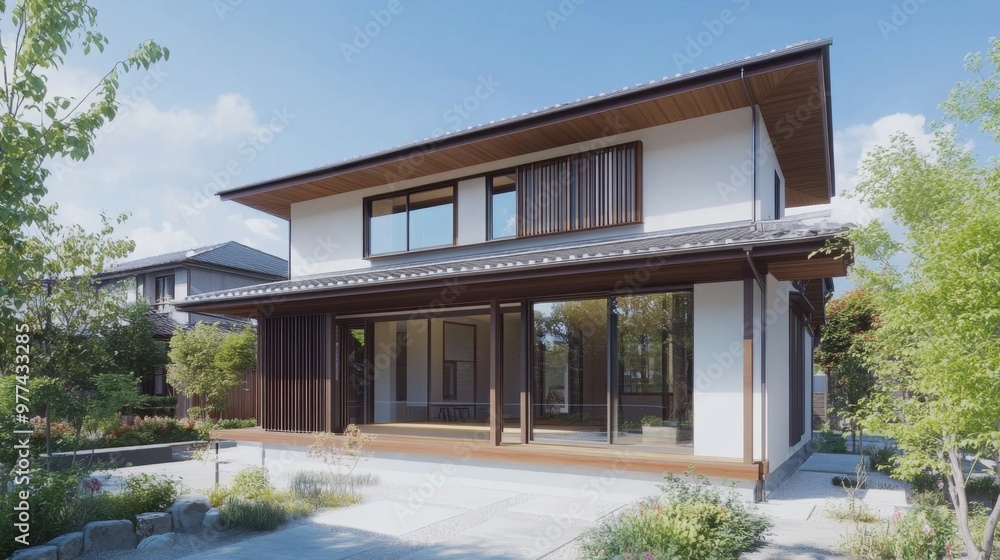 A dynamic image of a modern Japanese house blending traditional elements with contemporary design, showcasing a clean, minimalist exterior with large windows and a sleek roofline. A dynamic image of a modern Japanese house blending traditional elements with contemporary design, showcasing a clean, minimalist exterior with large windows and a sleek roofline.