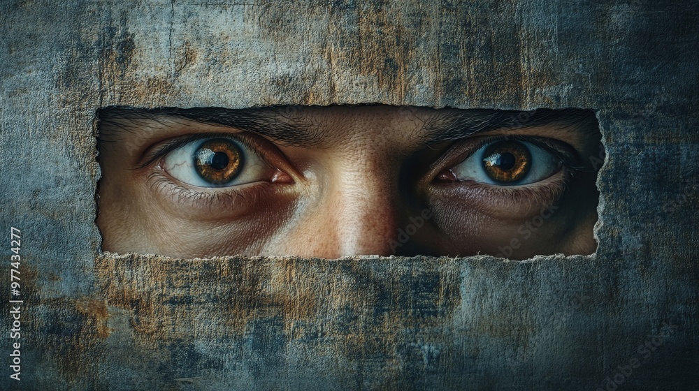 A man's face is shown through a hole in a wall A man's face is shown through a hole in a wall