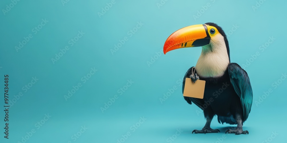 Naklejka premium Trendy Toucan with Discount Tag on Pastel Blue Background