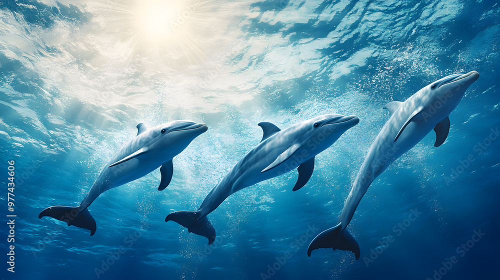A pod of playful dolphins leaps joyfully through the crystal-clear, azure sea, their sleek bodies glistening in the sunlight A pod of playful dolphins leaps joyfully through the crystal-clear, azure sea, their sleek bodies glistening in the sunlight